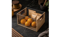 Wire Storage Basket with Wooden Handles OpenWire Mesh Top Basket with Wooden Handles Rectangular for Shelf, Desk, Pantry