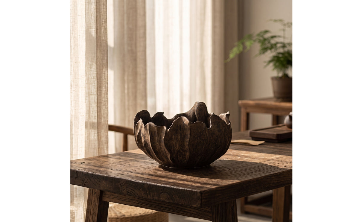 Sculptural Bowl with Petal Rim Textured Decorative Bowl Organic Ceramic Vessel Minimalist for Interior Designers, Photographers, Centerpiece, Tabletop, Model Rooms, Hotel Lobbies