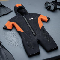 5 Mm Hooded Wetsuit Stretch Short Sleeve Wetsuit Stitched Seams Water Sports Gear Orange Panels for Diving, Surfing, Snorkeling