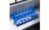 12-Point Belt Adjustment Wrench E-Style Engine Belt Tool Kit Long-Reach Wrench with Interchangeable Heads Curved for Mechanics, DIYers, Garage, Workshop