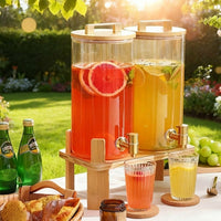 Water Dispenser and Beverage Dispenser with Metal Tap, High Borosilicate Glass Drink Dispenser with Tap and Bamboo Stand for Party Drink Use