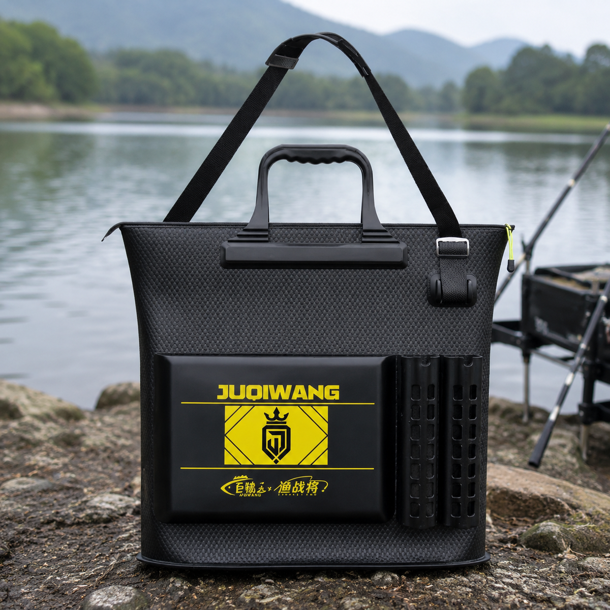 Reinforced Waterproof Fishing Bag, Black Carbon Fiber Fishing Bag, with Zipper and Side Pocket, for Voluminous Equipment