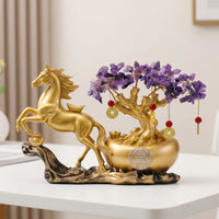 Gold-Colored Horse Statue with Wealth Tree Crystal-Like Feng Shui Horse Figurine Tabletop Decor Wealth for Business Owners