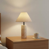 Retro Design Travertine Table Lamp Textile Lampshade Stone Base Desk Lamp for Bedroom, Living Room, Office