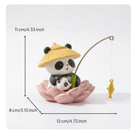Panda Figurine with Fishing Rod Small Panda Statue with Lotus Base Mini for Desk