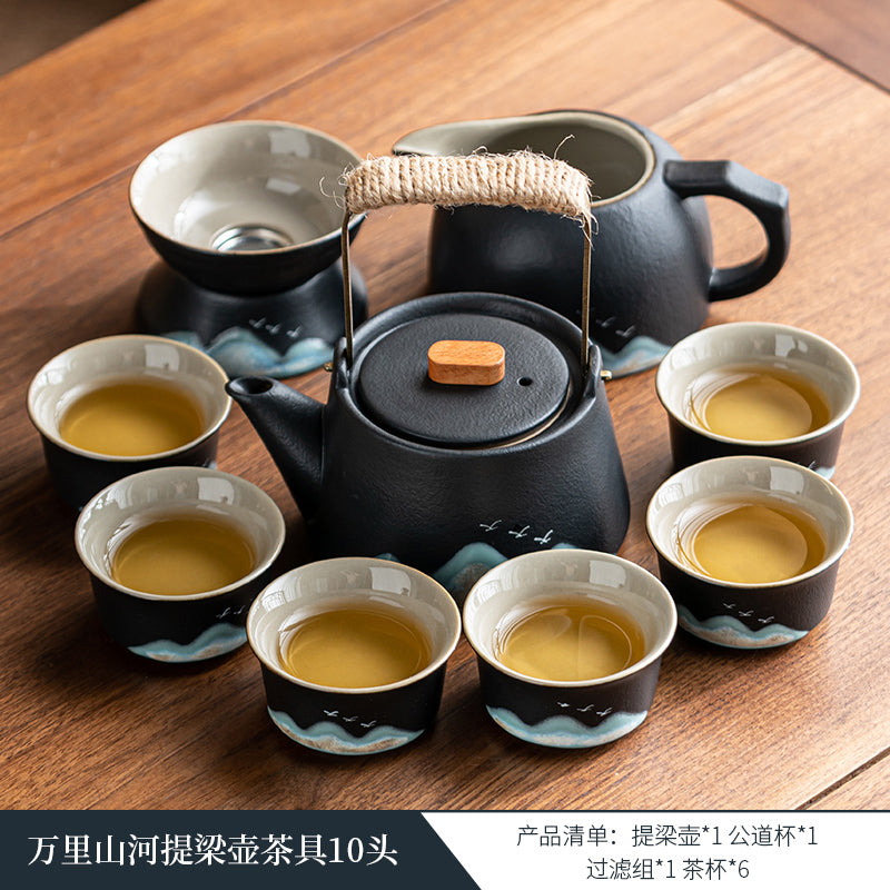黑陶夫茶具套装家用高档轻奢中式2025新款茶台一整套中秋节送长辈 万里山河提梁壶茶具10头