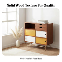 Wooden Sideboard with Sliding Doors Solid Wood Color Block Storage Cabinet Space Saving Mid-Period Modern Sideboard for Living Room, Hallway, Kitchen