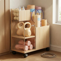 Caster Wheels Wheeled Storage Rack Open Front Exercise Mat Rack Wood Grain Exercise Storage Cabinet Compact