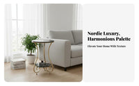 Nordic Aesthetic Round Tiered End Table Marble Pattern Top Tiered Circular Stand Light Luxury Design Household Furniture Single or Double Tier for Homeowners, Apartment Dwellers, Decor Enthusiasts, Living Room, Bedroom, Balcony, Small Areas