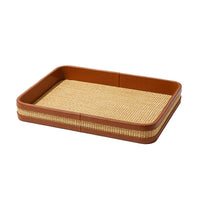 Woven Tray with Leather edge Structured Woven Grass Tray for Entryway