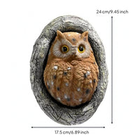 Feather-Textured Owl Wall Hanging Bark-Like Frame Resin Owl Ornament 3D Carved Details for Garden, Courtyard