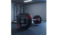 Silver-Colored Standard Barbell and Plates Red Accents Barbell Set Straight Design Weight Bar Large Center Opening