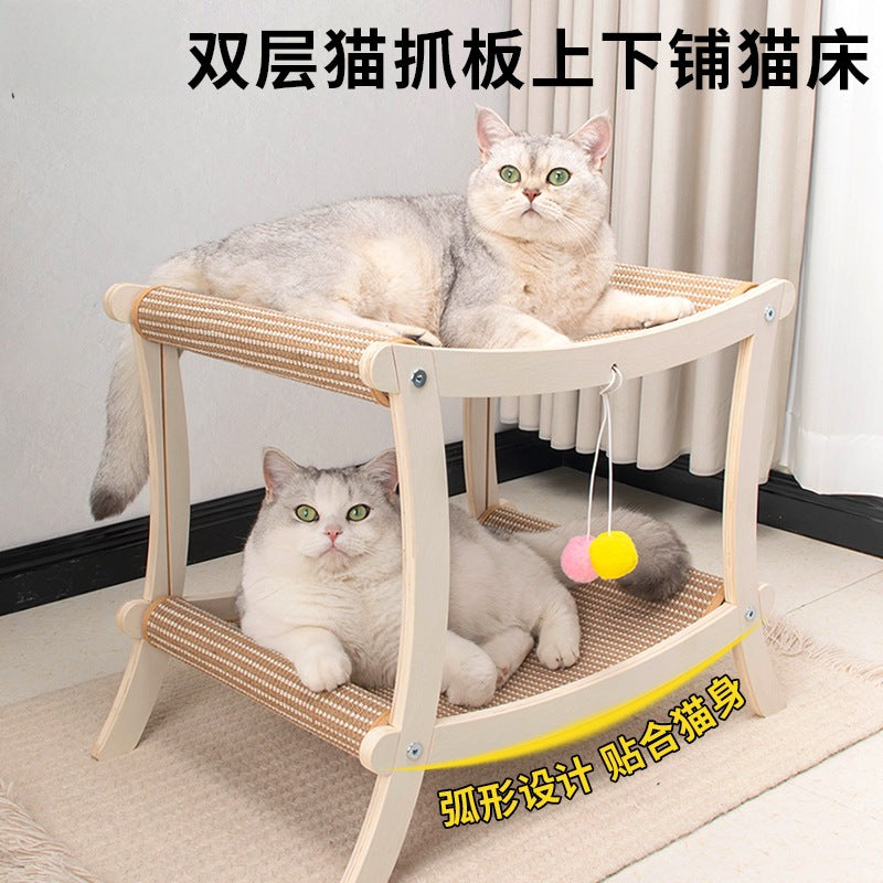 Wooden Double-Layer Cat Scratcher and Cat Bed All-in-One Indoor Pet Furniture
