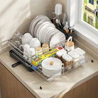 Stainless Steel Dish Rack and Sink Organiser, 304 Dish Drainer with Built-in Tray, Over Sink Drainer Rack, Space Saving Kitchen Tool