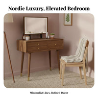 Dense Wood Construction Wooden Vanity Set with Round Mirror Nordic Design Vanity Set with Lighted Mirror Large Storage Capacity Dressing Table Includes Matching Stool for Women, Adults, Homeowners, Walk-in Closet, Apartment