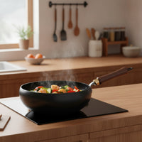 Cast Iron Wok with Wooden Lid Heat Retention Wok with Wooden Lid Even Heating Cookware for Stovetop