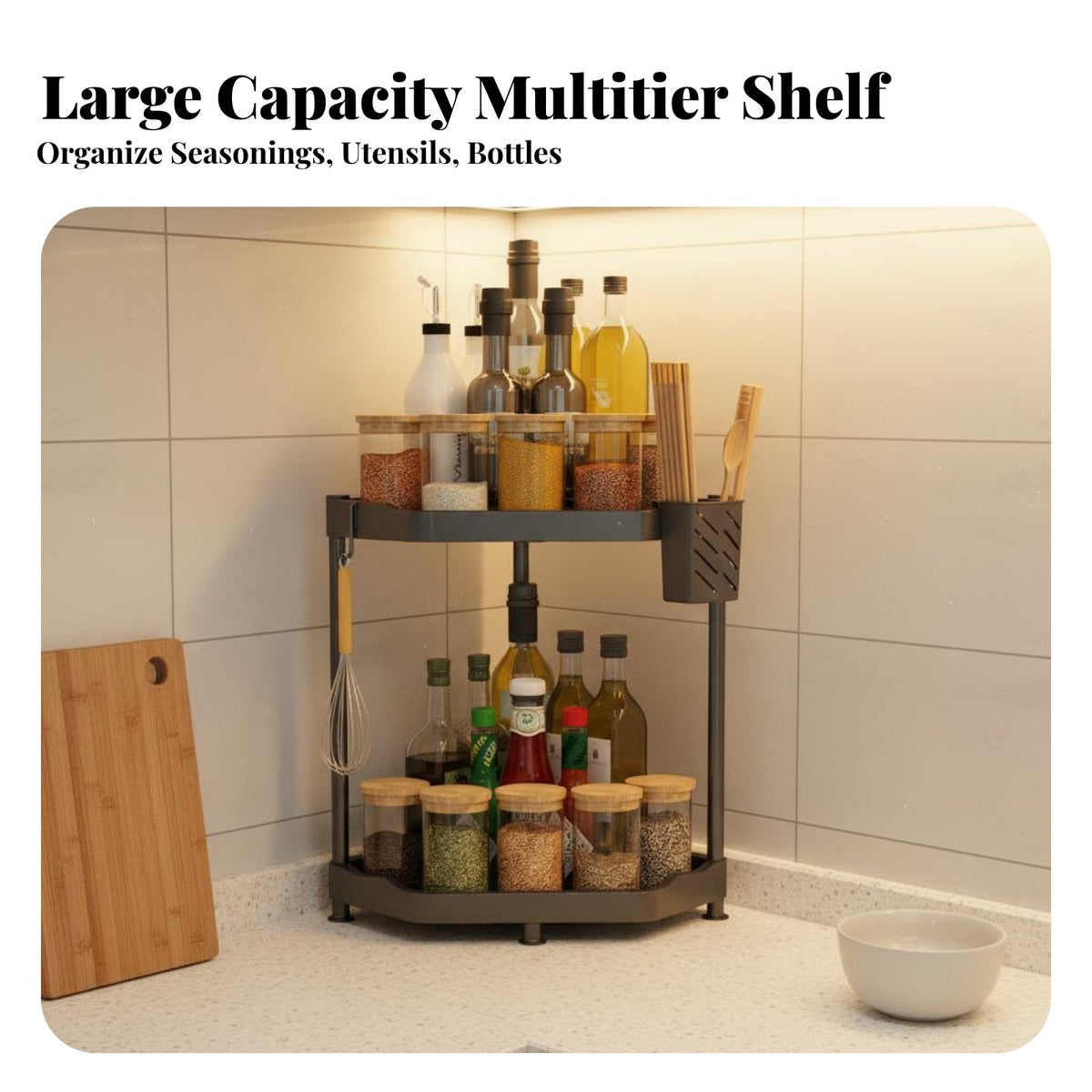Space Saving Tiered Corner Shelf No-Drill Installation Adjustable Corner Organizer Includes Hooks Countertop Rack Easy Assembly for Home Cooks, Apartment Dwellers, Kitchen, Coffee Station, Bathroom, Cabinet Interior