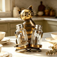 Bronze Finish Feline Seasoning Bottle Holder Decorative Feline-Shaped Metal Storage Holder