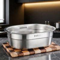 Rice Washer and Strainer Bowl Set, Stainless Steel Deepened Washing Basin with Flat Bottom, Oval Mixing Bowl for Pasta Spaghetti, 2 Pack Units