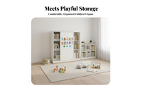 Large Capacity kids' Sliding Door bookshelf Rounded Corners children's Furniture Open Cubbies Playroom Organizer Cute creature Design for Toddlers, Parents, Nursery, Daycare, Kindergarten, Living Room