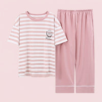 Ladies Pyjamas Set in 100% Material with Short Sleeve and Cropped Pants, Womens for Summer Loungewear, Breathable