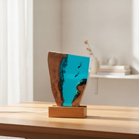 Ocean-Inspired Epoxy Night Light with Wood Base Aquatic Epoxy Resin Night Light Faceted Resin Wood Lamp Irregular for Shelf