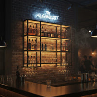 Industrials Spirits Bottle Display Wrought Iron Wall Mounted Vino and Glass Rack Saving Space Illuminated Bar Shelf for Restaurateurs