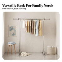 Freestanding Design Adjustable Costumer Stand Mobile with Rolling Casters Wheeled Single Clothing Rack Lockable casters Laundry Supply for households, Apartment Dwellers, Students, Bedroom, Balcony, Dorm Room