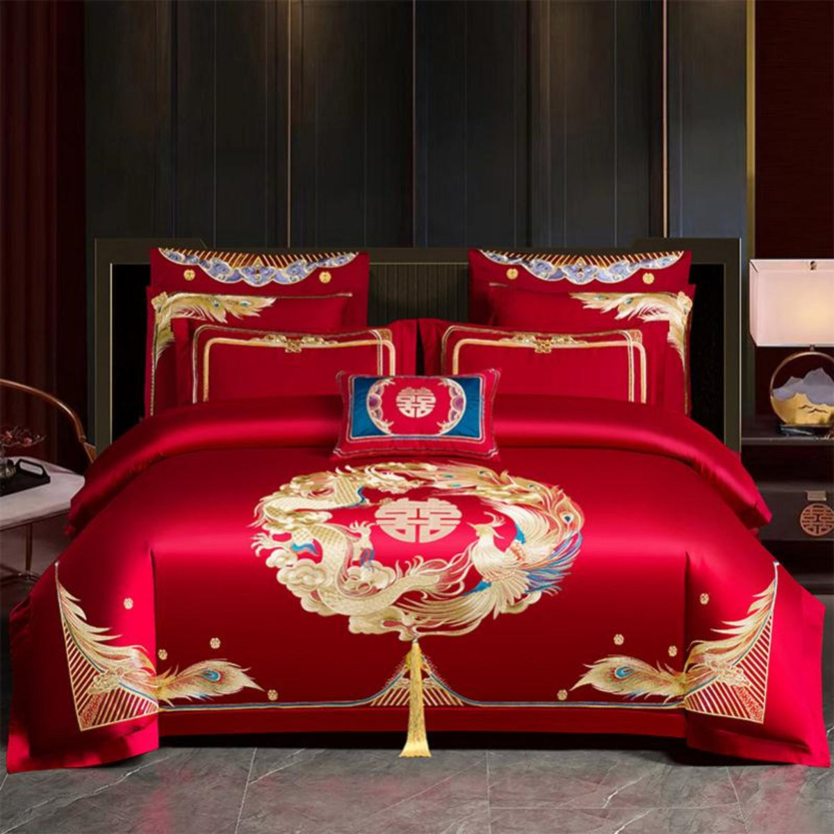 4 Pieces Festive Red Color Embroidered serpent and firebird Bed Linen Traditional Wedding the couplee Bedding Set Auspicious Design Bedroom Linens plush texture for Newlyweds, Gift Givers, Families, Bridal Room