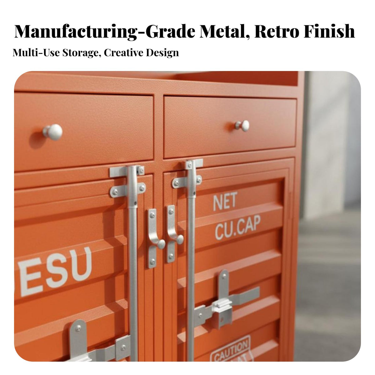 Manufacturing-inspired design Shipping Container Nightstand Distressed Finish Shipping Container End Table Retro Design Storage Cabinet long-lasting Construction for Apartment Dwellers, Homeowners, Bedroom, Living Room, Office, Garage