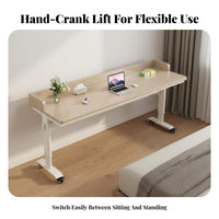 Height Adjustable Rolling Desk Solid Wood Tabletop Hand Crank Adjustable Desk Smooth Mobility Mobile Bedside Laptop Table for Dorm Room, Classroom
