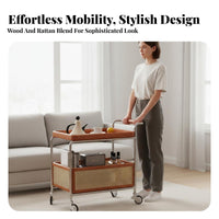 Solid Wood Rattan Storage Trolley Retro Design Multi-Tier Storage Rack 360° Swivel Casters 2-Tier Rolling Utility Cart Versatile for Apartment Dwellers, Office Workers, Party Hosts, Living Room, Bedroom, Kitchen, Pantry