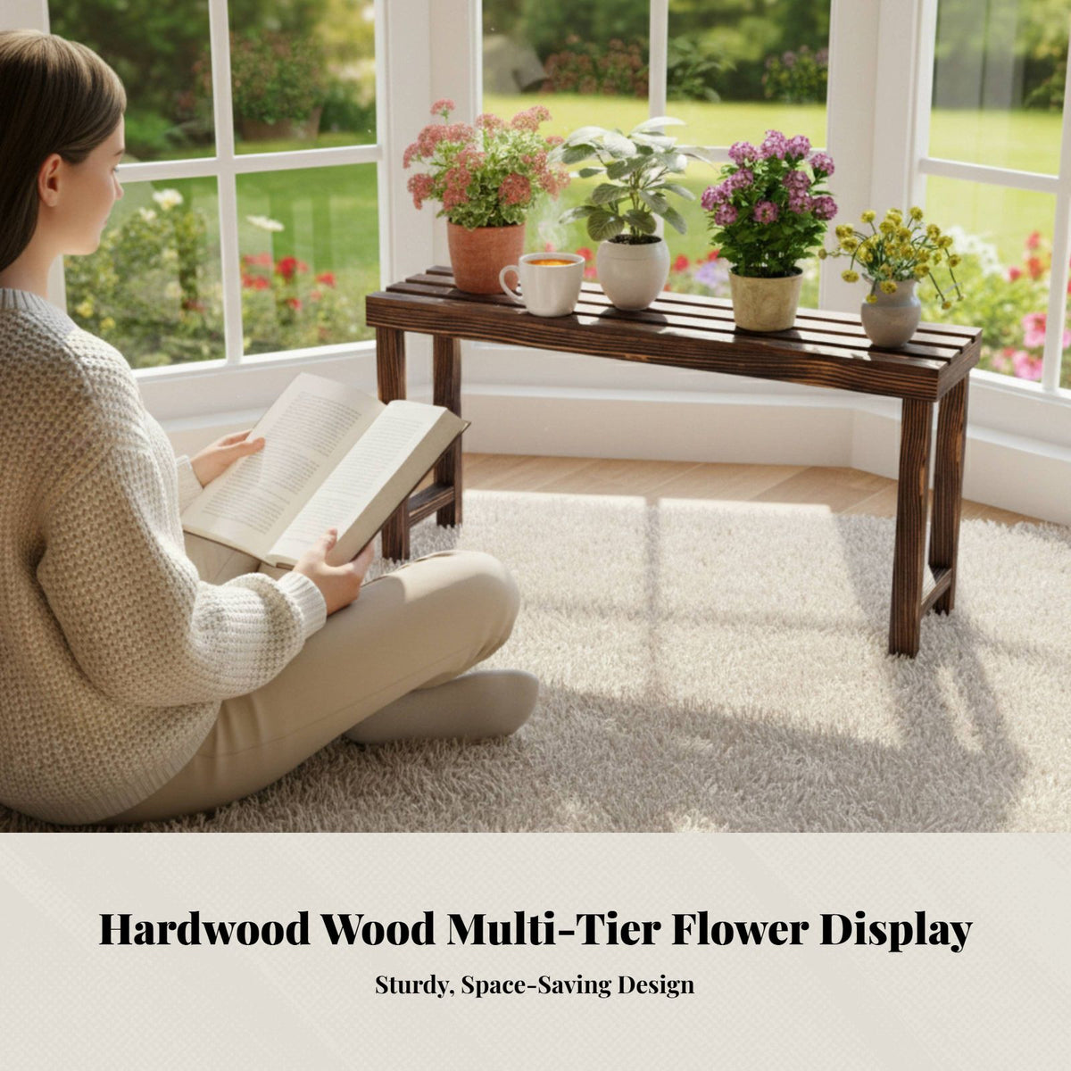 Indoor Stepped Shelf, Wooden Floral Rack, Modern Minimalist Design