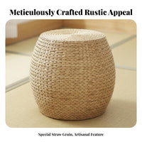 Woven Pouf Solid Wood Frame Round Rattan Ottoman Boho Footstool for Entryway, Balcony