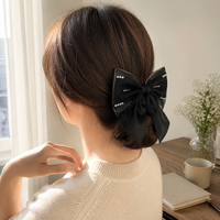 Mesh Pearl Black Bow Hair Clip for Women, Elegant Satin Top Clip Hair Accessory