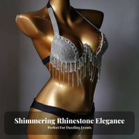 Rhinestone Tassel Bikini Adjustable Straps Glittering Nightclub Bikini Push Supportive Construction Glittering 2 Piece Bathing Suit for Dancers