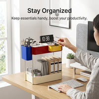 Desk Storage Organizer with Drawers and Phone Stand, Desktop Slanted Insert Compartments, Small Unit for Office Stationery