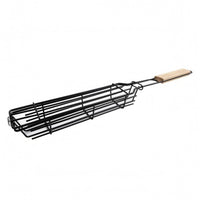 Wooden Handle Wire Mesh Grill Basket Hanging Loop Hinged Grill Basket Rigid Frame Cooking Gear Smooth Grip for Barbecue, Grilling