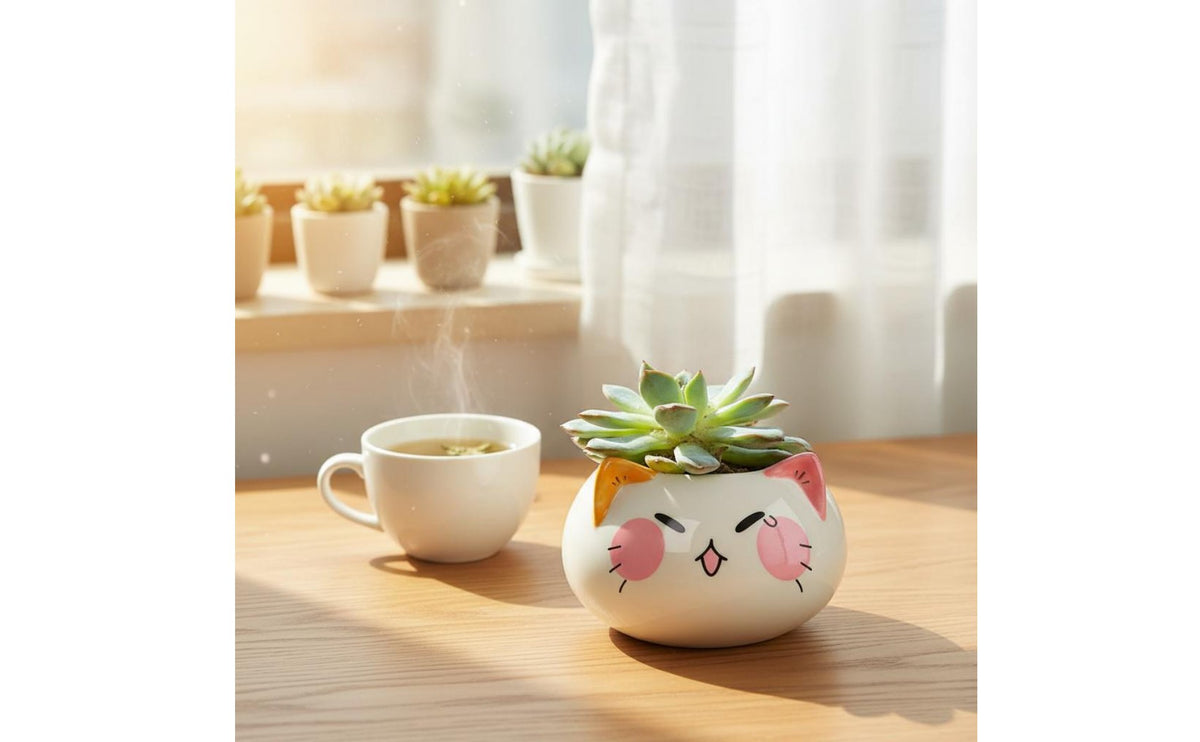 Mini Ceramic Cat Planter With Drainage Hole Cartoon Animal Plant Pot Handmade Small Animal Planter for Balcony
