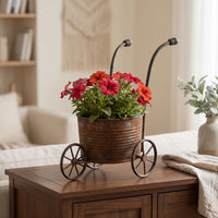 Iron Planter Cart Rustic Metal Planter with Wheels Weathered   with Wheels for Gardeners