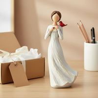 Hand Painted Girl and Bird Ornament Desk Display Angel Statue Sentimental Gift Memorial Figurine Remembrance for Desktop, Shelf, Living Space