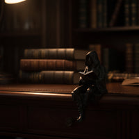 Dark Fantasy Seated Figurine with Book Antique Black Hooded Figure Figurine Moody Shelf Sitter Compact for Collectors