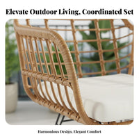 4 Pieces Woven Armchair and Table Set Strengthened Glass Tabletop 3-Piece Wicker Seating Group Weather-Resistant Outdoor Furniture for Balcony, Garden