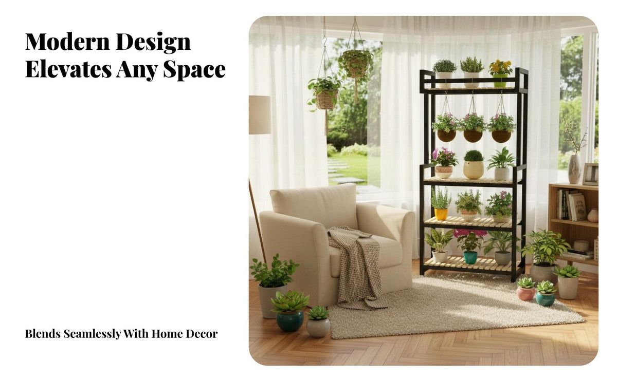 Indoor and Outdoor Use Multi-Level Plant Stand with Hanging Bar Space-Saving Multi-Tier Shelf with Hanging Bar Sturdy Frame Flower Rack Large Capacity for Gardeners, Balcony, Living Room, Bedroom, Corner