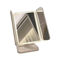 Rechargeable Tri-Fold Makeup Mirror Magnification LED Vanity Mirror Rotatable Beauty Accessory Storage Base for Dorm Room