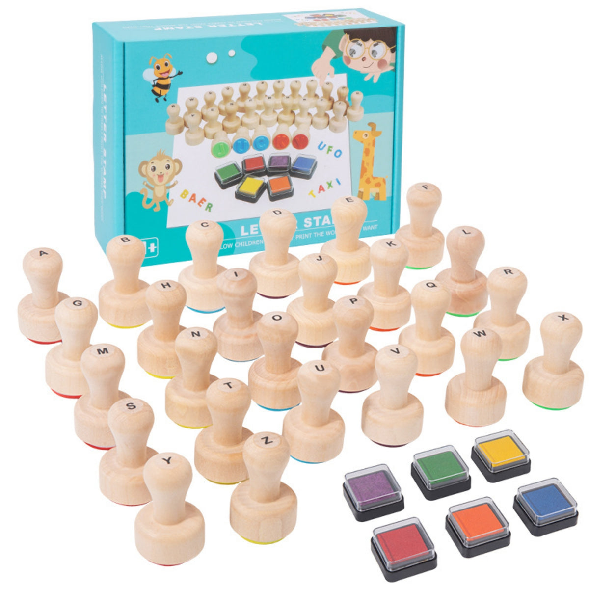 Wooden Alphabet Stamp Set Early Learning Wooden Letter Stamps Bright Alphabet Stamps for Young Learners, Homeschool