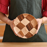 Round Wooden Serving Tray for Fruits, Cakes, and Snacks