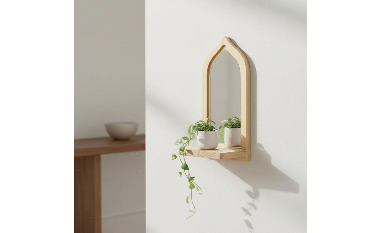 Multi Use Wood Wall Mirror Shelf Space Saving Arched Mirror Shelf Decorative for Entryway