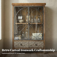 Multi-Functional Carved Door Storage Cabinet Metal Frame Accents Rustic Carved Wood Cabinet Farmhouse Accent Chest for Guesthouse Owners, Interior Decorators, Apartment Dwellers, Dining Room, Bedroom, Entryway, Hallway