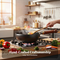 Hand Hammered Iron Wok Easy to Clean Hand Hammered Wok Deep Stir Fry Pan Included Cookware Anti-Scald Handle